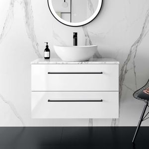 Elba Gloss White Wall Hung Drawer Vanity with Marble Top & Oval Counter Top Basin 800mm - Black Accents
