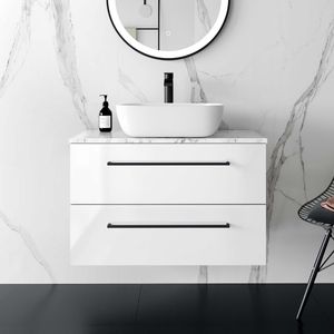 Elba Gloss White Wall Hung Drawer Vanity with Marble Top & Curved Counter Top Basin 800mm - Black Accents