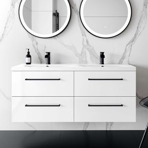 Elba Gloss White Wall Hung Double Basin Drawer Vanity 1200mm - Black Accents