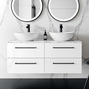 Elba Gloss White Double Wall Hung Drawer Vanity with Marble Top & Oval Basin 1200mm - Black Accents