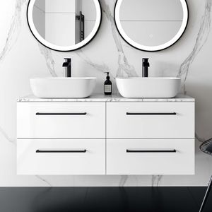 Elba Gloss White Double Wall Hung Drawer Vanity with Marble Top & Curved Basin 1200mm - Black Accents