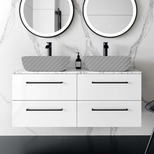 Elba Gloss White Wall Hung Drawer with Marble Top 1200mm Excludes Basins - Black Accents