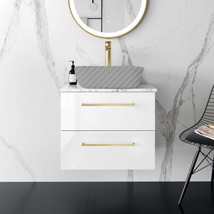 Elba Gloss White Wall Hung Drawer 600mm Excludes Counter Top Basin - Brushed Brass Accents