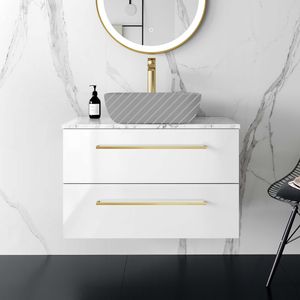 Elba Gloss White Wall Hung Drawer 800mm Excludes Counter Top Basin - Brushed Brass Accents