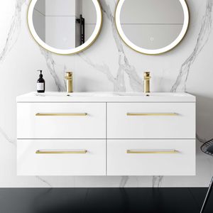 Elba Gloss White Wall Hung Double Basin Drawer Vanity 1200mm - Brushed Brass Accents