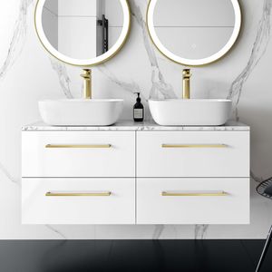 Elba Gloss White Double Wall Hung Drawer Vanity with Marble Top & Curved Basin 1200mm - Brushed Brass Accents