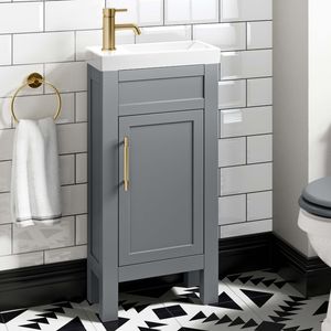 Bermuda Dove Grey Cloakroom Basin Vanity 400mm - Brass Knurled Handles
