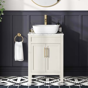 Bermuda Chalk White Vanity with Marble Top & Curved Counter Top Basin 600mm - Brass Knurled Handles