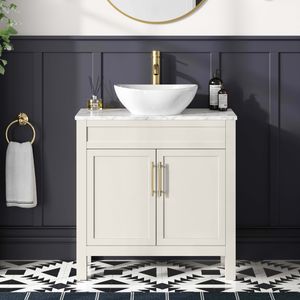 Bermuda Chalk White Vanity with Marble Top & Oval Counter Top Basin 800mm - Brass Knurled Handles