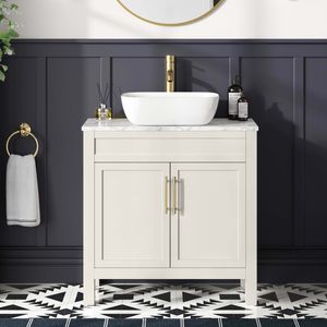 Bermuda Chalk White Vanity with Marble Top & Curved Counter Top Basin 800mm - Brass Knurled Handles
