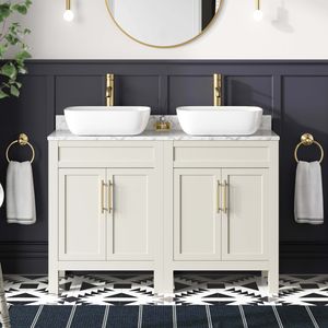 Bermuda Chalk White Vanity with Marble Top & Curved Counter Top Basin 1200mm - Brass Knurled Handles