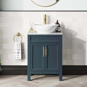 Bermuda Inky Blue Vanity with Marble Top & Oval Counter Top Basin 600mm - Brass Knurled Handles
