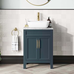Bermuda Inky Blue Vanity with Marble Top & Curved Counter Top Basin 600mm - Brass Knurled Handles