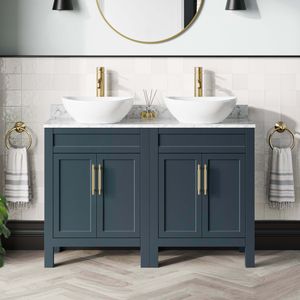 Bermuda Inky Blue Vanity with Marble Top & Oval Counter Top Basin 1200mm - Brass Knurled Handles
