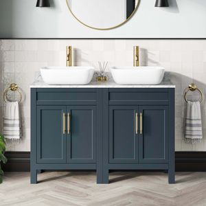 Bermuda Inky Blue Vanity with Marble Top & Curved Counter Top Basin 1200mm - Brass Knurled Handles
