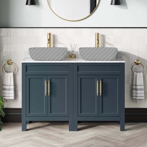 Bermuda Inky Blue Cabinet with Marble Top 1200mm Excludes Counter Top Basins - Brass Knurled Handles