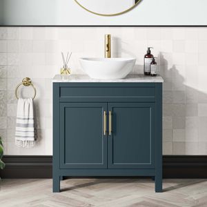 Bermuda Inky Blue Vanity with Marble Top & Oval Counter Top Basin 800mm - Brass Knurled Handles