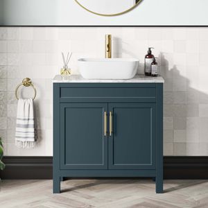 Bermuda Inky Blue Vanity with Marble Top & Curved Counter Top Basin 800mm - Brass Knurled Handles