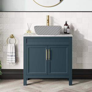 Bermuda Inky Blue Cabinet with Marble Top 800mm Excludes Counter Top Basin - Brass Knurled Handles