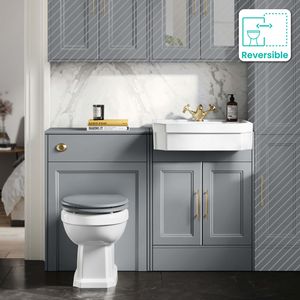 Monaco Dove Grey Combination Vanity Traditional Basin and Hudson Toilet with Wooden Seat 1200mm - Brass Knurled Handles