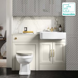 Monaco Chalk White Combination Vanity Basin and Hudson Toilet with Wooden Seat 1200mm - Brass Knurled Handles