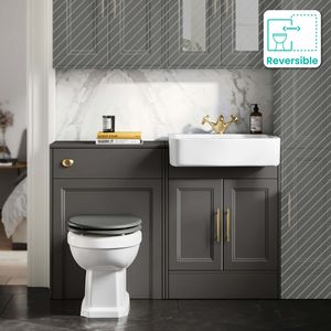 Monaco Graphite Grey Combination Vanity Basin and Hudson Toilet with Wooden Seat 1200mm - Brass Knurled Handles