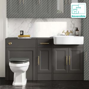 Monaco Graphite Grey Combination Vanity Basin and Hudson Toilet with Wooden Seat 1500mm - Brass Knurled Handles
