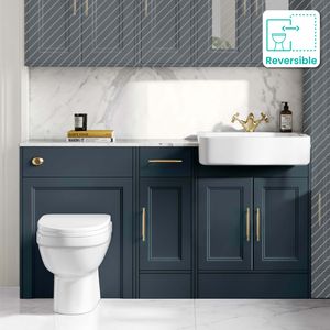 Monaco Inky Blue Combination Vanity Basin with Marble Top and Seattle Toilet 1500mm - Brass Knurled Handles