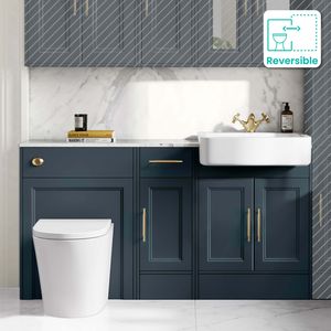 Monaco Inky Blue Combination Vanity Basin with Marble Top and Boston V2 Toilet 1500mm - Brass Knurled Handles
