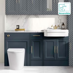 Monaco Inky Blue Combination Vanity Traditional Basin with Marble Top and Boston V2 Toilet 1500mm - Brass Knurled Handles
