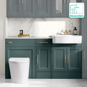 Monaco Midnight Green Combination Vanity Basin with Marble Top and Boston V2 Toilet 1500mm - Brass Knurled Handles