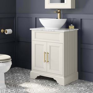 Lucia Chalk White Vanity with Marble Top & Oval Counter Top Basin 640mm - Brass Knurled Handles