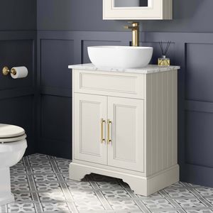Lucia Chalk White Vanity with Marble Top & Curved Counter Top Basin 640mm - Brass Knurled Handles