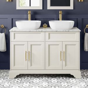 Lucia Chalk White Double Vanity with Marble Top & Curved Counter Top Basin 1200mm - Brass Knurled Handles