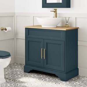 Lucia Inky Blue Vanity with Oak Effect Top & Oval Counter Top Basin 840mm - Brass Knurled Handles