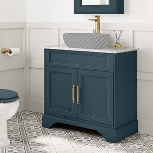 Lucia Inky Blue Cabinet with Marble Top 840mm (Excludes Counter Top Basin) - Brass Knurled Handles