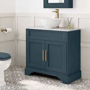 Lucia Inky Blue Vanity with Marble Top & Round Counter Top Basin 840mm - Brass Knurled Handles