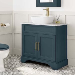 Lucia Inky Blue Vanity with Marble Top & Curved Counter Top Basin 840mm - Brass Knurled Handles