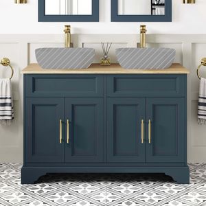 Lucia Inky Blue Cabinet with Oak Effect Top 1200mm (Excludes Counter Top Basins) - Brass Knurled Handles