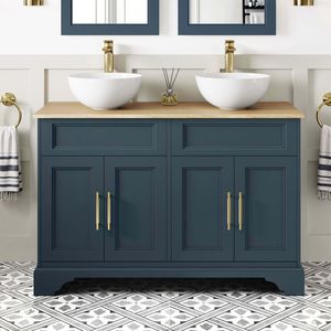 Lucia Inky Blue Double Vanity with Oak Effect Top & Round Counter Top Basin 1200mm - Brass Knurled Handles