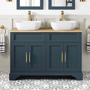 Lucia Inky Blue Double Vanity with Oak Effect Top & Curved Counter Top Basin 1200mm - Brass Knurled Handles