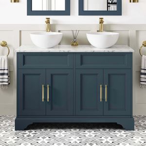 Lucia Inky Blue Double Vanity with Marble Top & Round Counter Top Basin 1200mm - Brass Knurled Handles