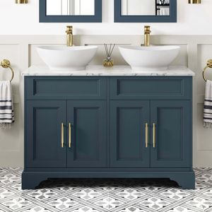 Lucia Inky Blue Double Vanity with Marble Top & Oval Counter Top Basin 1200mm - Brass Knurled Handles