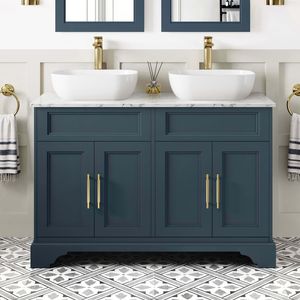 Lucia Inky Blue Double Vanity with Marble Top & Curved Counter Top Basin 1200mm - Brass Knurled Handles