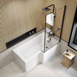 L Shaped 1500 Shower Bath & 6mm Matt Black Easy Clean Screen with Rail - Right Handed