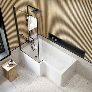 L Shaped 1500 Shower Bath with Front Panel & 6mm Matt Black Easy Clean Screen with Rail - Left Handed