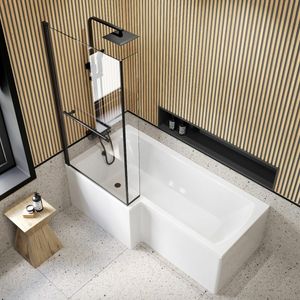 L Shaped 1700 Shower Bath with Front Panel & 6mm Easy Clean Screen with Rail - Left Handed