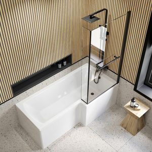 L Shaped 1700 Shower Bath with Front Panel & 6mm Easy Clean Screen with Rail - Right Handed