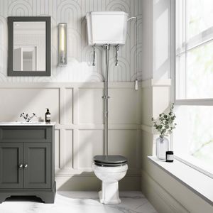 Hudson Traditional Toilet With High-Level Cistern and Graphite Grey Wooden Seat