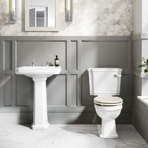 Hudson Traditional Toilet With Chalk White Seat & Pedestal Basin Set - Double Tap Hole